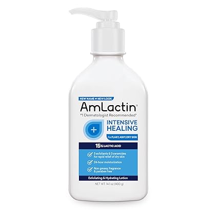 AmLactin Intensive Healing Body Lotion for Dry Skin – 14.1 oz Pump Bottle – 2-in-1 Exfoliator & Moisturizer with Ceramides & 15% Lactic Acid for Relief from Dry Skin (Packaging May Vary)