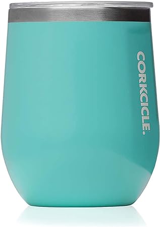 Corkcicle Classic 12 Ounce Triple Insulated Stainless Steel Stemless Travel Cup with Lid and Silicone Bottom for Hot and Cold Drinks, Gloss Turquoise