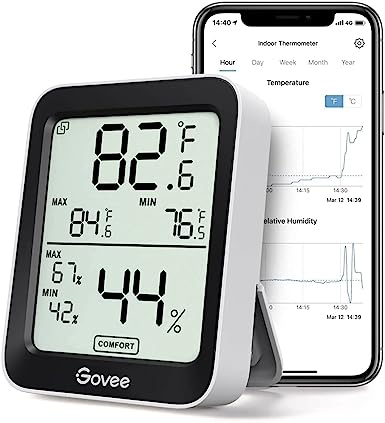 Govee Hygrometer Thermometer H5075, Bluetooth Indoor Room Temperature Monitor Greenhouse Thermometer with Remote App Control, Notification Alerts, 2 Years Data Storage Export