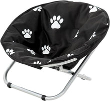 Load image into Gallery viewer, Etna Folding Pet Cot Chair - Portable Round Fold Out Elevated Cat Bed, Black and White Water Resistant Paw Print Cushion, Papsan Chair for Small Dogs