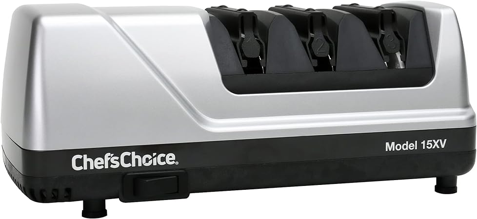 Chef’sChoice Trizor 15XV Professional Electric Knife Sharpener for Kitchen Knives with Diamond Abrasives and Precision Angle Guides, 75db, 3 Slots, Gray