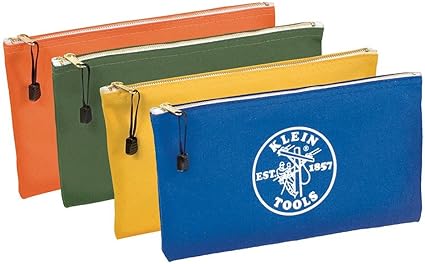 Klein Tools 5140 Canvas Zipper Bag, Tool Pouch, Tool Bag, Utility Bag, Bank Deposit Bag, 12.5 x 7-Inch, Olive/Orange/Blue/Yellow 4-Pack