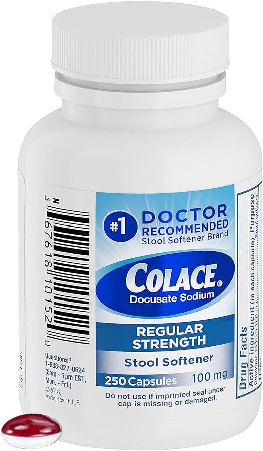 Colace Regular Strength Stool Softener, 100 mg Capsules, 250 Count, Docusate Sodium Stool Softener for Gentle, Dependable Relief