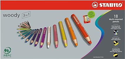 Multi-talented Pencil - STABILO woody 3-in-1 - Wallet of 18 - Assorted Colors + Sharpener