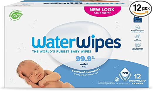 WaterWipes Plastic-Free Original Baby Wipes, 99.9% Water Based Wipes, Unscented & Hypoallergenic for Sensitive Skin, 720 Count (Pack of 12), Packaging May Vary