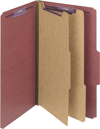 Smead Pressboard Classification File Folder with SafeSHIELD Fasteners, 2 Dividers, 2" Expansion, Legal Size, Red, 10 per Box (19075)