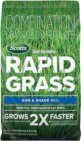 Scotts Turf Builder Rapid Grass Sun & Shade Mix, Combination Seed and Fertilizer, Grows Green Grass in Just Weeks, 5.6 lbs.