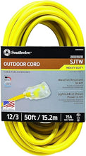 Load image into Gallery viewer, Southwire 2588SW0002 Outdoor Cord-12/3 SJTW Heavy Duty 3 Prong Extension Cord-for Commercial Use (50&#39;, Yellow), 50 Feet