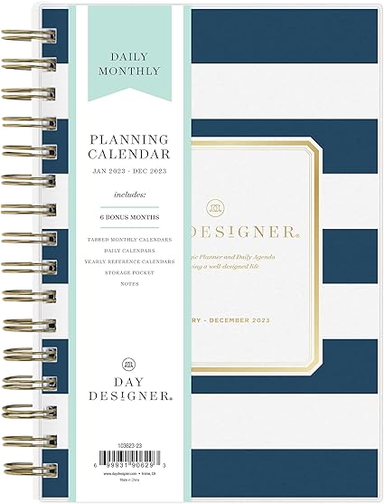 Day Designer for Blue Sky 2023 Daily and Monthly Planner, 5" x 8", Frosted Cover, Wirebound, Navy Stripe (103623-23)