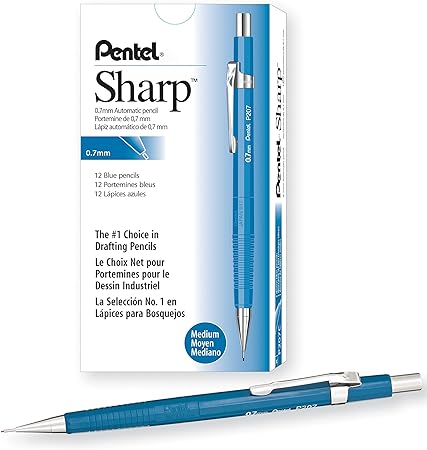 Pentel Sharp Automatic Pencil- 0.7mm Lead Size- Blue Barrel- Box of 12 (P207C)