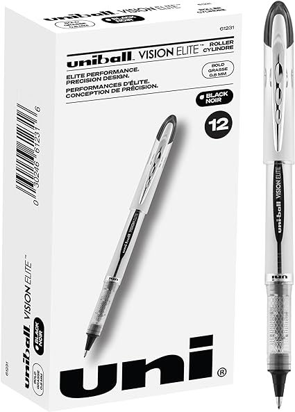 Uniball Vision Elite Rollerball Pens, Black Pens Pack of 12, Bold Pens with 0.8mm Ink, Ink Black Pen, Pens Fine Point Smooth Writing Pens, Bulk Pens, and Office Supplies