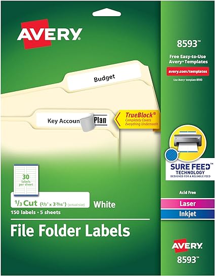 Avery File Folder Labels, 6667 x 3.4375", White, Pack of 150 (08593)