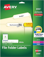 Load image into Gallery viewer, Avery File Folder Labels, 6667 x 3.4375&quot;, White, Pack of 150 (08593)