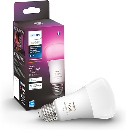 Philips Hue White and color Ambiance A19 Medium Lumen Smart LED Bulb, Bluetooth & Zigbee Compatible (Hue Hub Optional), Compatible with Alexa & Google Assistant, 1 Bulb