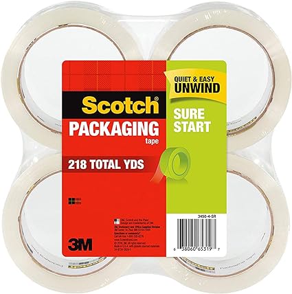 Scotch Sure Start Shipping Packaging Tape, 1.88" x 54.6 yd, Designed for Packing, Shipping and Mailing, Quiet Unwind, No Splitting or Tearing, 3" Core, Clear, 4 Rolls (3450-4)