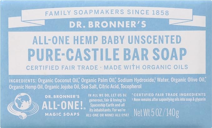 Dr. Bronner's All One Hemp Mild Baby Unscented Pure Castile Bar Soap Made with Organic Oils (Pack of 4 bars)