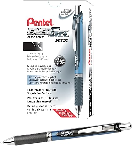 Pentel® EnerGel™ Deluxe RTX Retractable Liquid Gel Pens, Fine Point, 0.5 mm, 54% Recycled, Blue Barrel, Black Ink, Pack Of 12 Pens