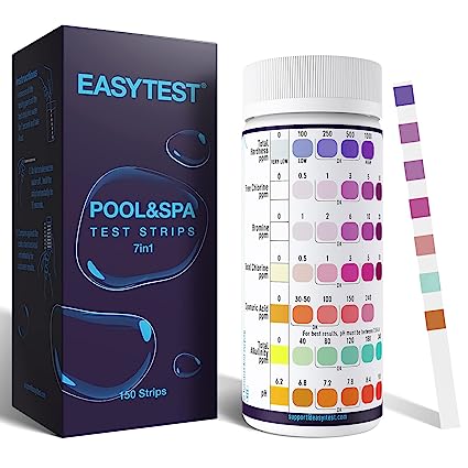 EASYTEST 7-Way Pool Test Strips, 150 Strips Water Chemical Testing for Hot tub and Spa, Accurate Test Bromine, Total Alkalinity, pH, Free Chlorine, Total Hardness, Cyanuric Acid, and Total Chlorine