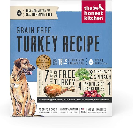 The Honest Kitchen Human Grade Dehydrated Grain Free Dog Food – Complete Meal or Dog Food Topper – Turkey 4 lb (makes 16 lbs)