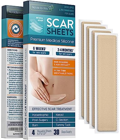 NUVADERMIS Silicone Scar Sheets, Tape, Strips - USA Tested - Healing Keloid, C-Section, Tummy Tuck - As Surgical Cream, Gel, Patch, Bandage, Pad - Surgery Scars Treatment - 4 Pack 5.7"x1.57"