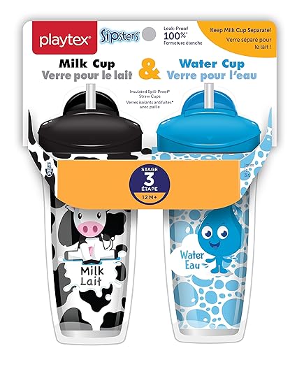 Playtex Sipsters Stage 3 Milk and Water Spill-Proof, Leak-Proof, Break-Proof Insulated Toddler Straw Sippy Cup Set, 9 Ounce - 2 Count