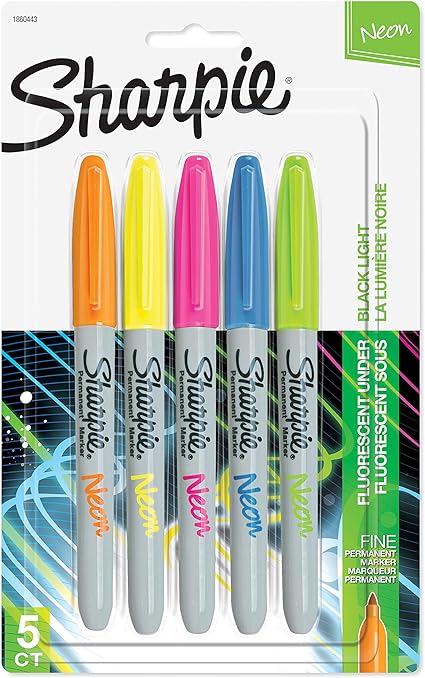 SHARPIE 1874447 Neon Permanent Markers, Fine Point, Assorted Colors, 5 Count