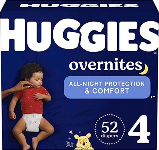 Overnight Diapers Size 4 (22-37 lbs), 52 Ct, Huggies Overnites Nighttime Baby Diapers, Packaging May Vary