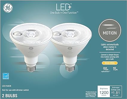 GE LED+ Motion Sensor LED Light Bulbs, Security Light, PAR38 Outdoor Floodlight, Warm White (pack of 2)