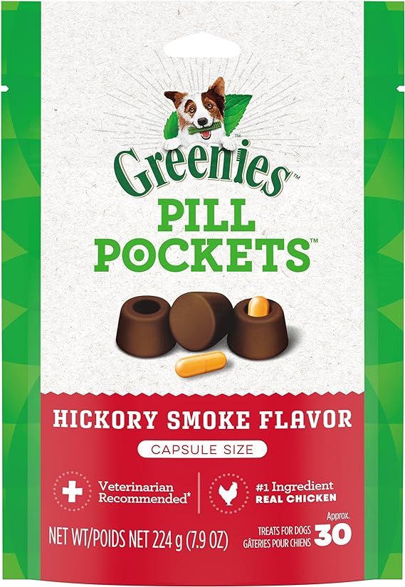 GREENIES PILL POCKETS Capsule Size Natural Dog Treats with Hickory Smoke Flavor, (6) 7.9 oz. Packs (180 Treats)