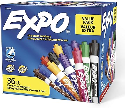 EXPO Low-Odor Dry Erase Markers, Chisel Tip, Assorted Colors, 36 Count, Case of 6