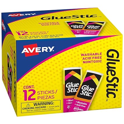 Avery Glue Stic White, 0.26 oz., Washable, Nontoxic, Permanent Adhesive, 12 Glue Sticks (00166)