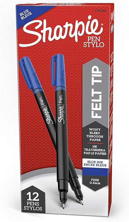 SHARPIE Felt Tip Pens, Fine Point (0.4mm), Blue, 12 Count