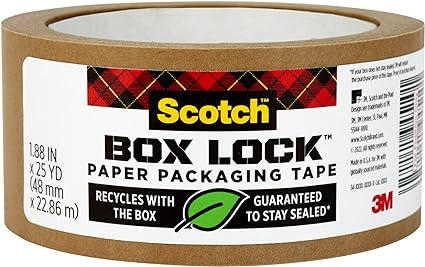 Scotch Box Lock Paper Packing Tape, Kraft Brown, Extreme Grip Kraft Paper Tape That Recycles With the Box, Holiday Shipping Supplies, 1.88 in. x 25 yd., 8 Tape Rolls