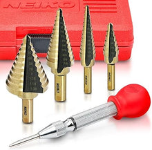 Load image into Gallery viewer, NEIKO 10169A Step Drill Bit Set and Automatic Center Punch | 5 Piece, 41 SAE Sizes Total, 1/8” – 1-3/8” | Titanium High Speed Steel Unibit, Stepper Cone Drill Bit | Two Flute Step Down Bits