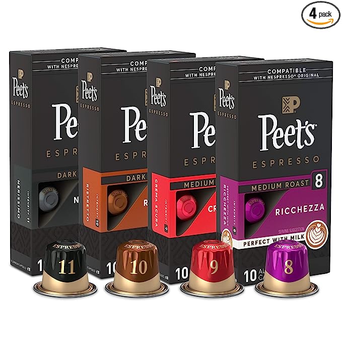 Peet's Coffee Gifts, Bestseller's Espresso Coffee Pods Variety Pack, Dark & Medium Roasts, Compatible with Nespresso Original Machine, Intensity 8-11, 40 Count (4 Boxes of 10 Espresso Capsules)