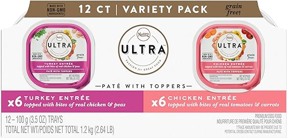 NUTRO ULTRA Adult Grain Free Soft Wet Dog Food, Variety Pack, Chicken Entrée Paté and Turkey Entrée Paté with Toppers, (12) 3.5 oz. Trays