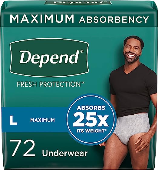 Depend Fresh Protection Adult Incontinence Underwear for Men (Formerly Depend Fit-Flex), Disposable, Maximum, Large, Grey, 72 Count, Packaging May Vary