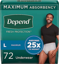 Load image into Gallery viewer, Depend Fresh Protection Adult Incontinence Underwear for Men (Formerly Depend Fit-Flex), Disposable, Maximum, Large, Grey, 72 Count, Packaging May Vary