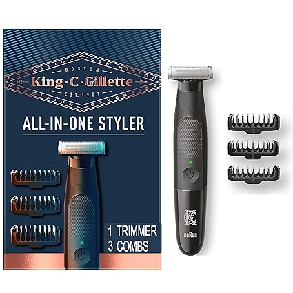 King C. Gillette Men's All-in-One Styler Cordless Stubble Trimmer with 4D Blade and 3 Interchangeable Combs, Waterproof, Beard Trimmer, Beard Care, One Blade Lasts 6 Months