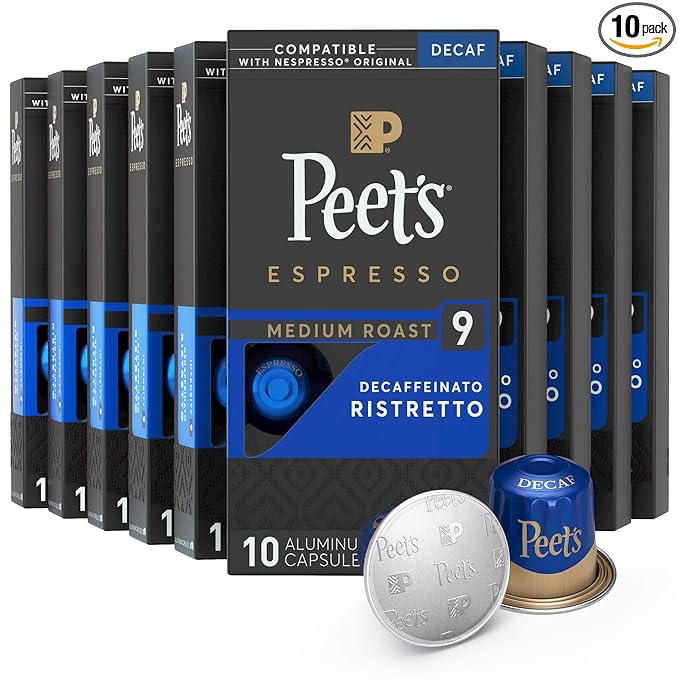 Peet's Coffee, Dark Roast Decaf Espresso Coffee Pods Compatible with Nespresso Original Machine, Decaf Ristretto Intensity 9, 100 Count (10 Boxes of 10 Espresso Capsules)