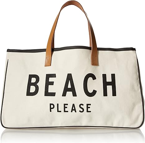 Santa Barbara Design Studio Tote Bag Hold Everything Collection Black and White 100% Cotton Canvas with Genuine Leather Handles, Large, Beach Please
