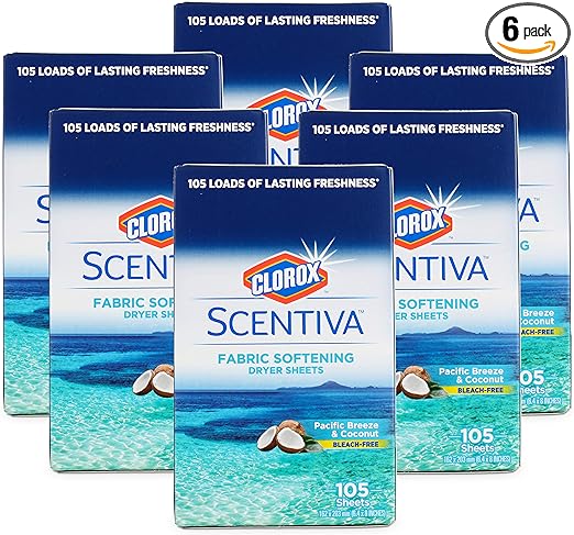 Clorox Scentiva Fabric Softening Dryer Sheets, 105 Sheets per Pack, Pacific Breeze & Coconut Scent | Bleach-Free Fabric Softener Sheets for Static Control and Reduce Wrinkles (6 Pack)
