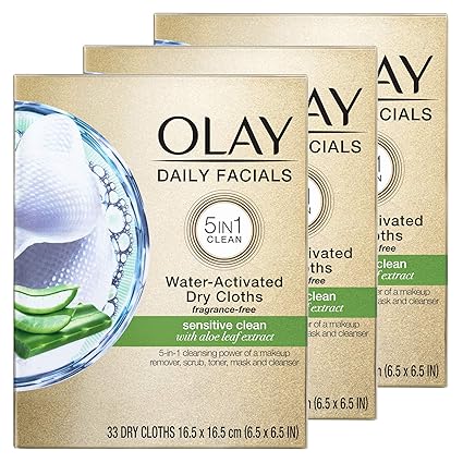 Olay Daily Facials for Clean Sensitive Skin, Makeup Remover Wipes, Soap-Free and Fragrance-Free Cleanser Cloths, 33 Count (Pack of 3) (Packaging may vary)